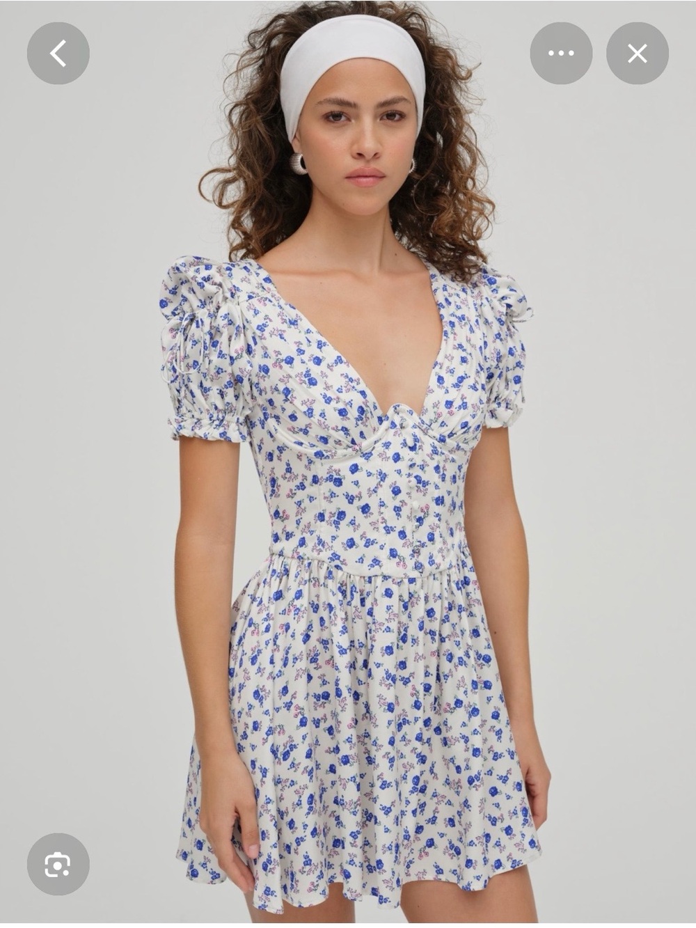 For Love And Lemons White and Blue Floral Paulina Puff Sleeve Mini Dress